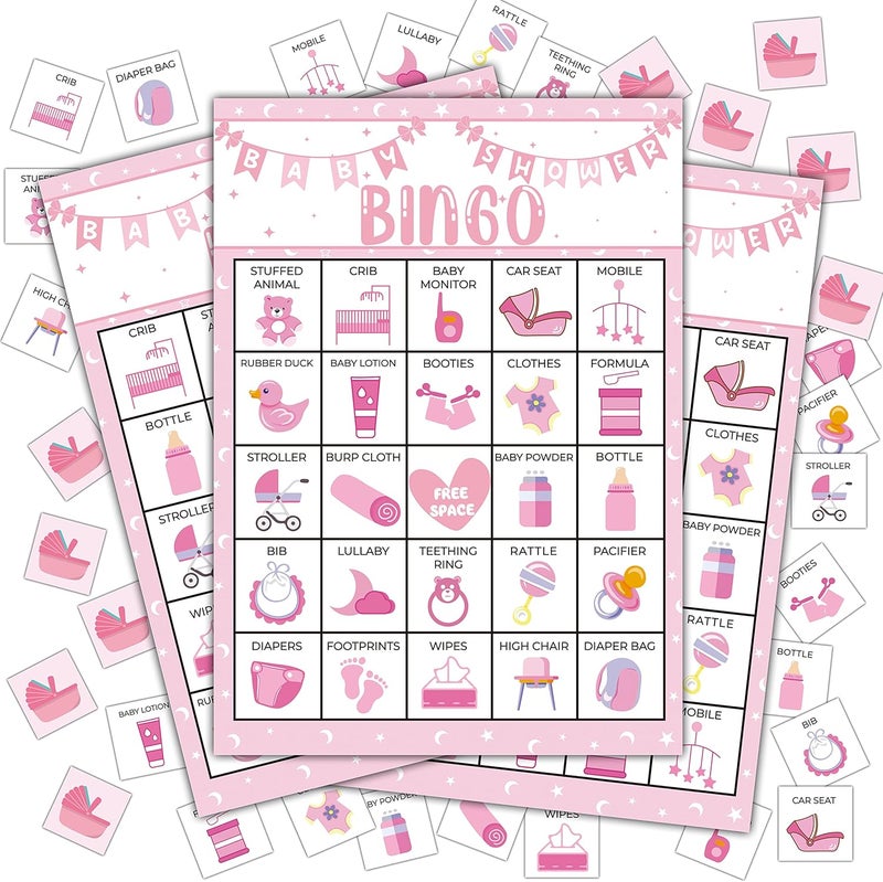 Disfuco Pink Shower Party Bingo Cards, Shower Bingo Game, Shower Party Games for Adults, Gender Reveal Party Games Favors Supplies Decorations, 24 Players Bingo Game (A03) - Image 1